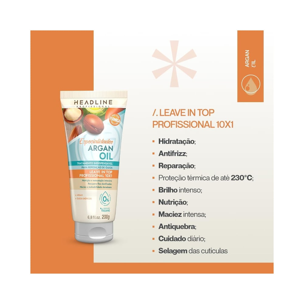 Imagem promocional do Leave-In Headline 10 em 1 com lista dos 10 benefícios e destaque para óleo de argan
